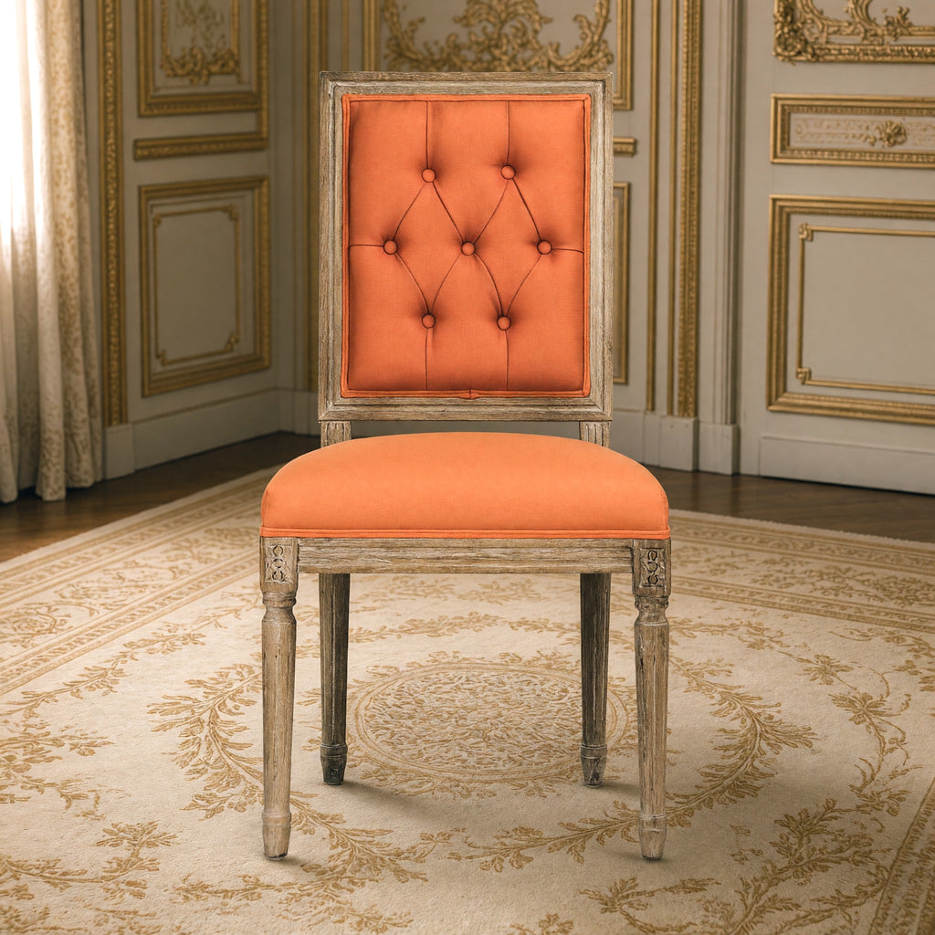 Front view of the Louis square-back side chair in orange linen cotton on limed grey oak
