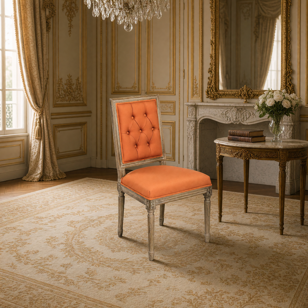 Louis square-back side chair in orange linen cotton styled in a French salon with a gilded mirror and marble-top table