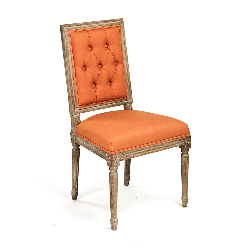 Louis French Square-Back Oak Side Chair in Orange Linen Cotton, Limed Grey Oak, studio photo 1 of 3 on a white background