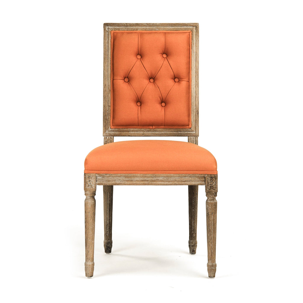 Louis French Square-Back Oak Side Chair in Orange Linen Cotton, Limed Grey Oak, studio photo 2 of 3 on a white background