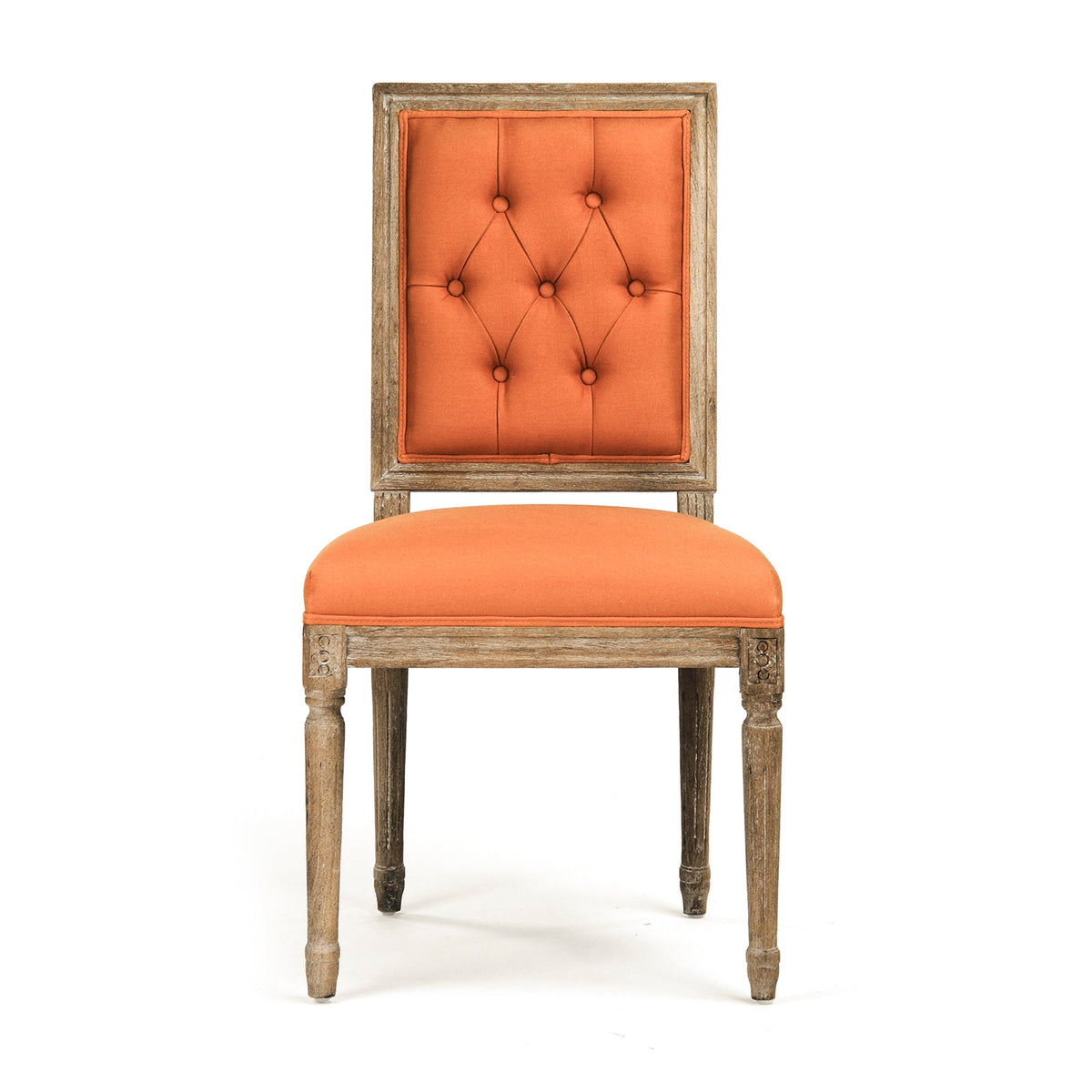 Louis French Square-Back Oak Side Chair in Orange Linen Cotton, Limed Grey Oak, studio photo 2 of 3 on a white background