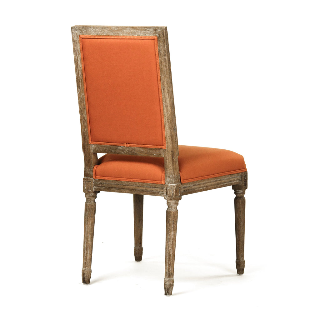 Louis French Square-Back Oak Side Chair in Orange Linen Cotton, Limed Grey Oak, studio photo 3 of 3 on a white background