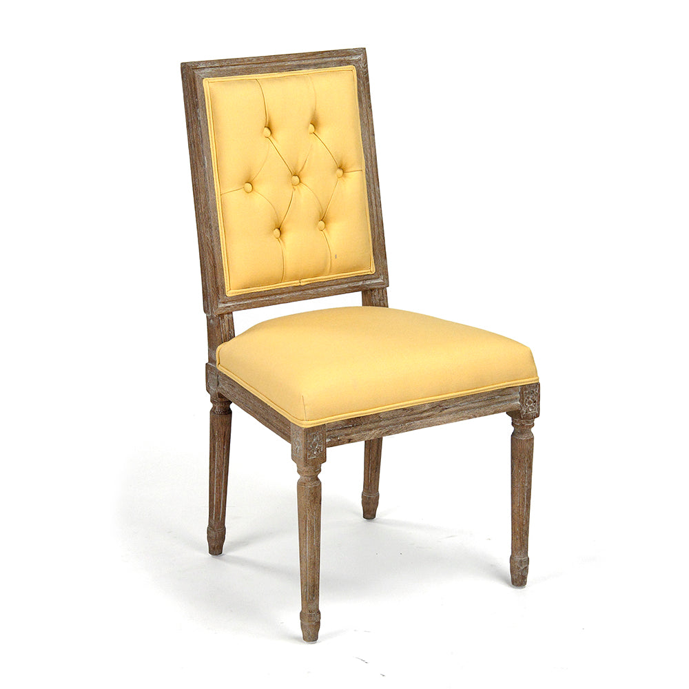 Louis French Square-Back Oak Side Chair in Yellow Linen Cotton, Limed Grey Oak, studio photo 1 of 3 on a white background