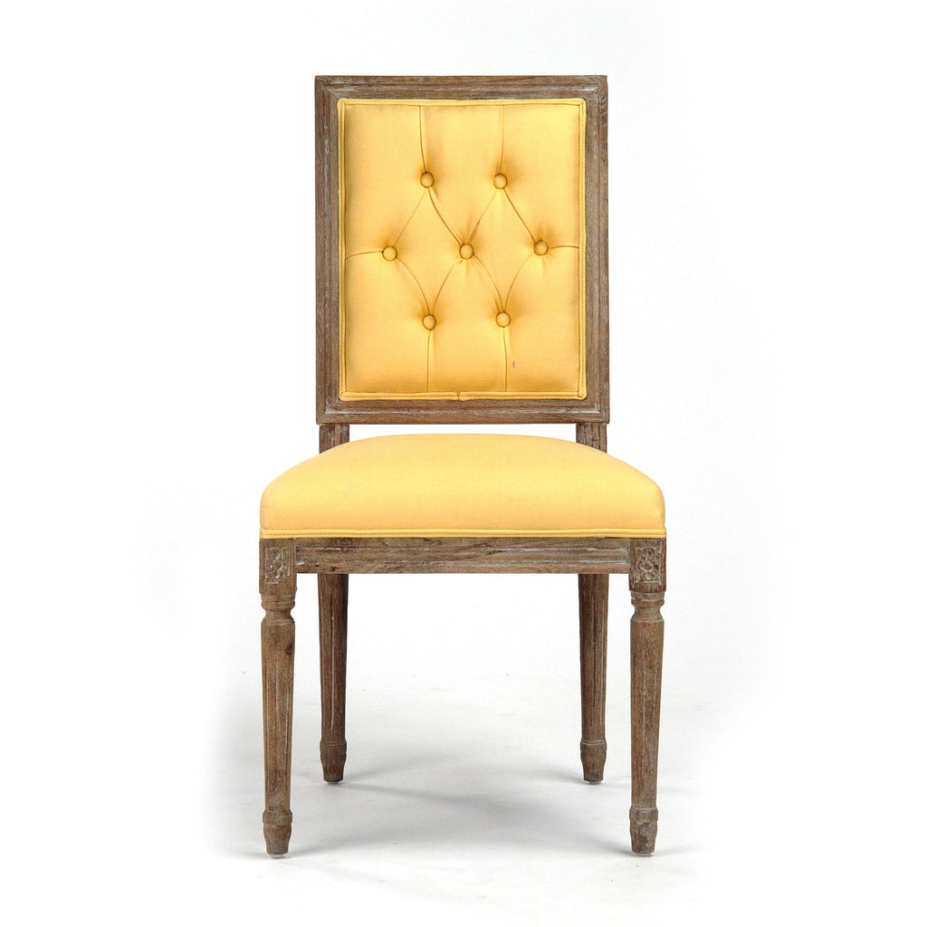 Louis French Square-Back Oak Side Chair in Yellow Linen Cotton, Limed Grey Oak, studio photo 2 of 3 on a white background