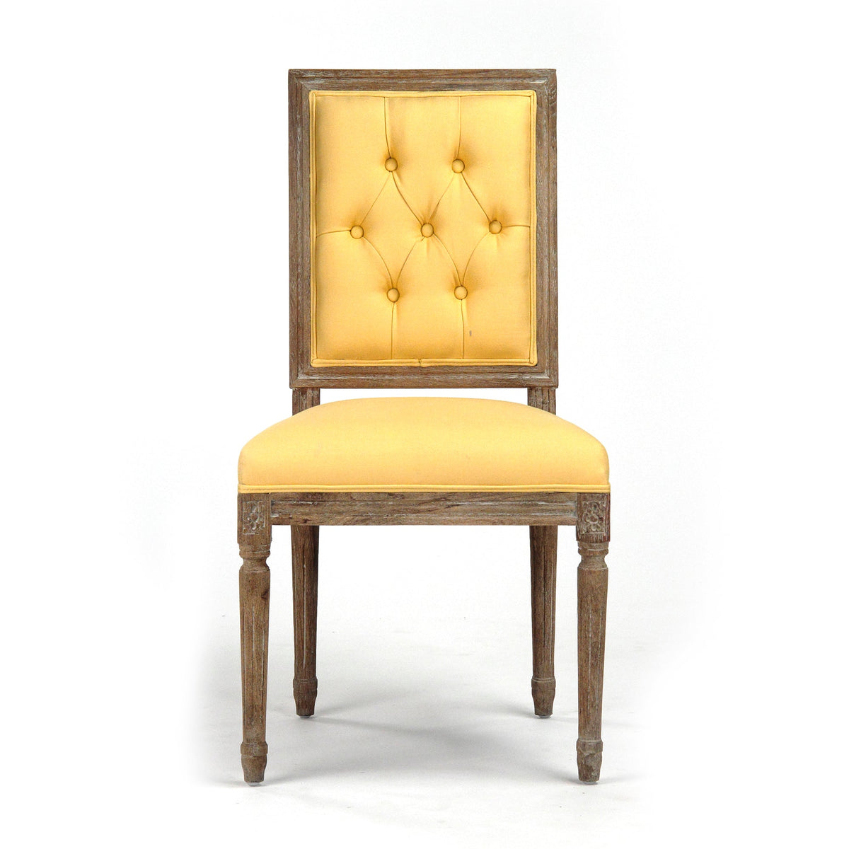 Louis French Square-Back Oak Side Chair in Yellow Linen Cotton, Limed Grey Oak, studio photo 2 of 3 on a white background