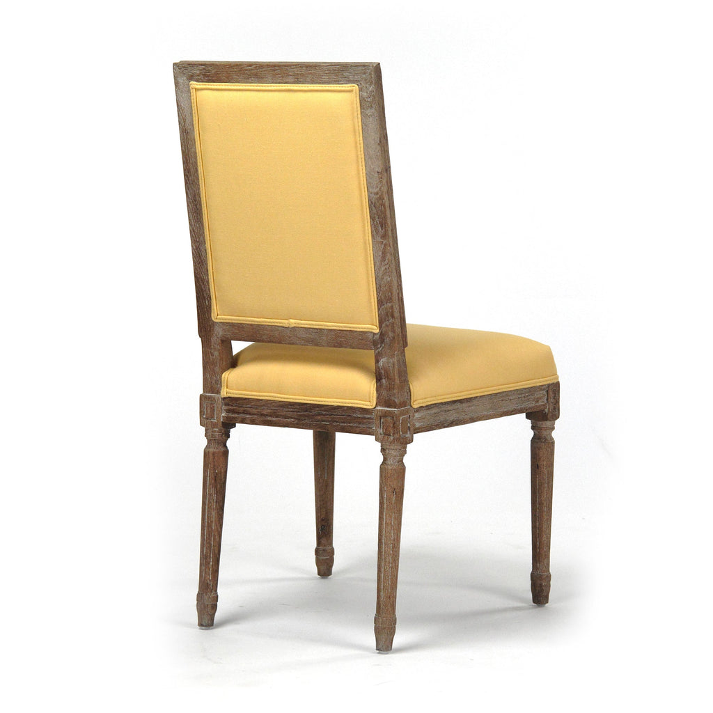 Louis French Square-Back Oak Side Chair in Yellow Linen Cotton, Limed Grey Oak, studio photo 3 of 3 on a white background