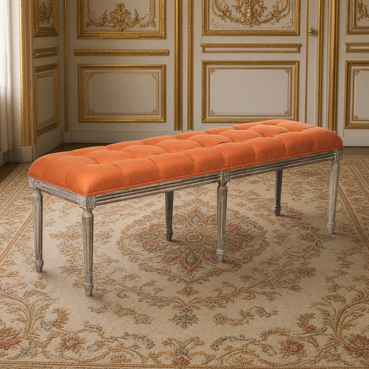 Louis French Oak Tufted Bench in Limed Grey Oak, Mixed Linen & Cotton, on an antique Aubusson carpet in a French salon