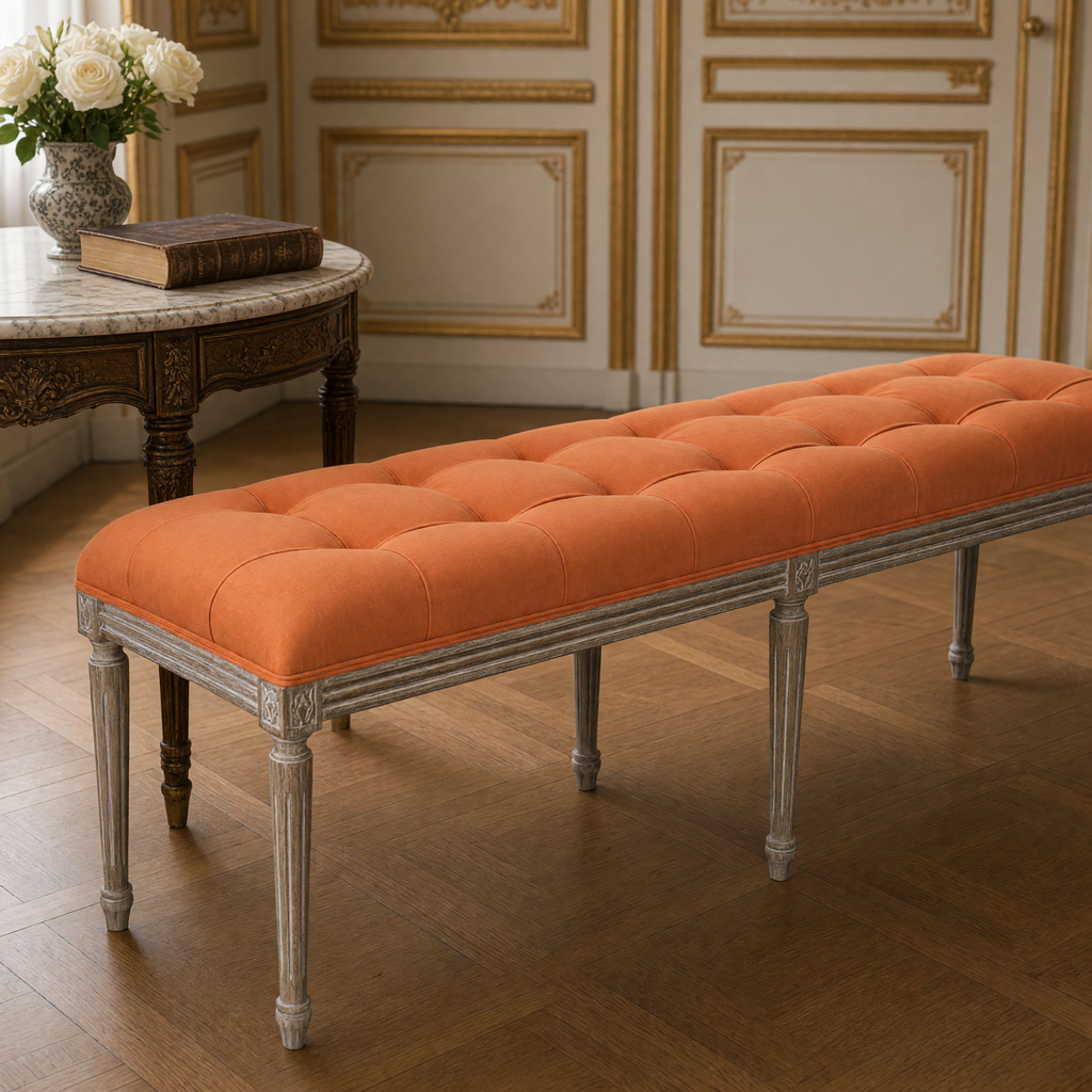 Close-up of the Louis French Oak Tufted Bench in Limed Grey Oak, Mixed Linen & Cotton