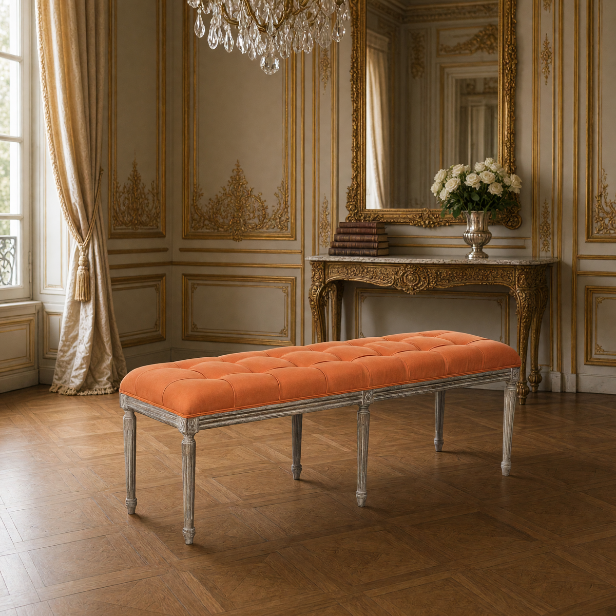 Louis French Oak Tufted Bench in Limed Grey Oak, Mixed Linen & Cotton, styled in a French salon