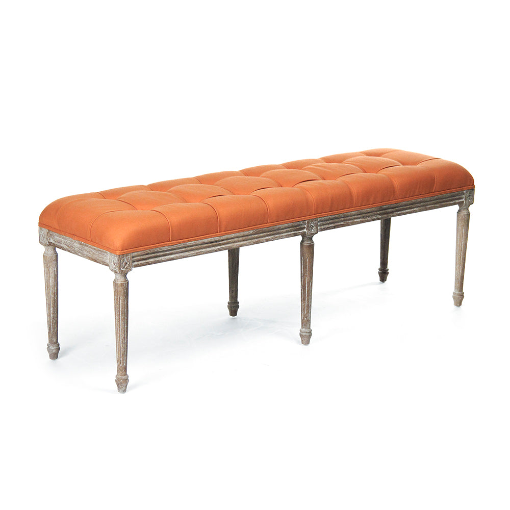 Louis French Oak Tufted Bench in Limed Grey Oak, Mixed Linen & Cotton, studio photo 1 of 1 on a white background