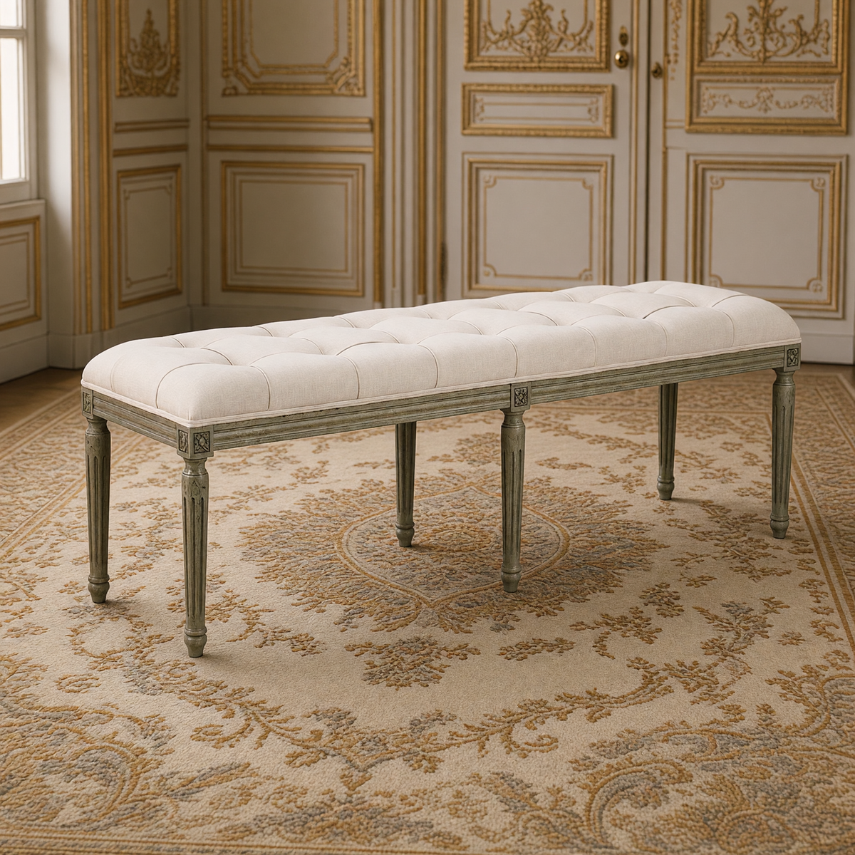 Louis French Oak Tufted Bench in Oak, Mixed Linen & Cotton, on an antique Aubusson carpet in a French salon