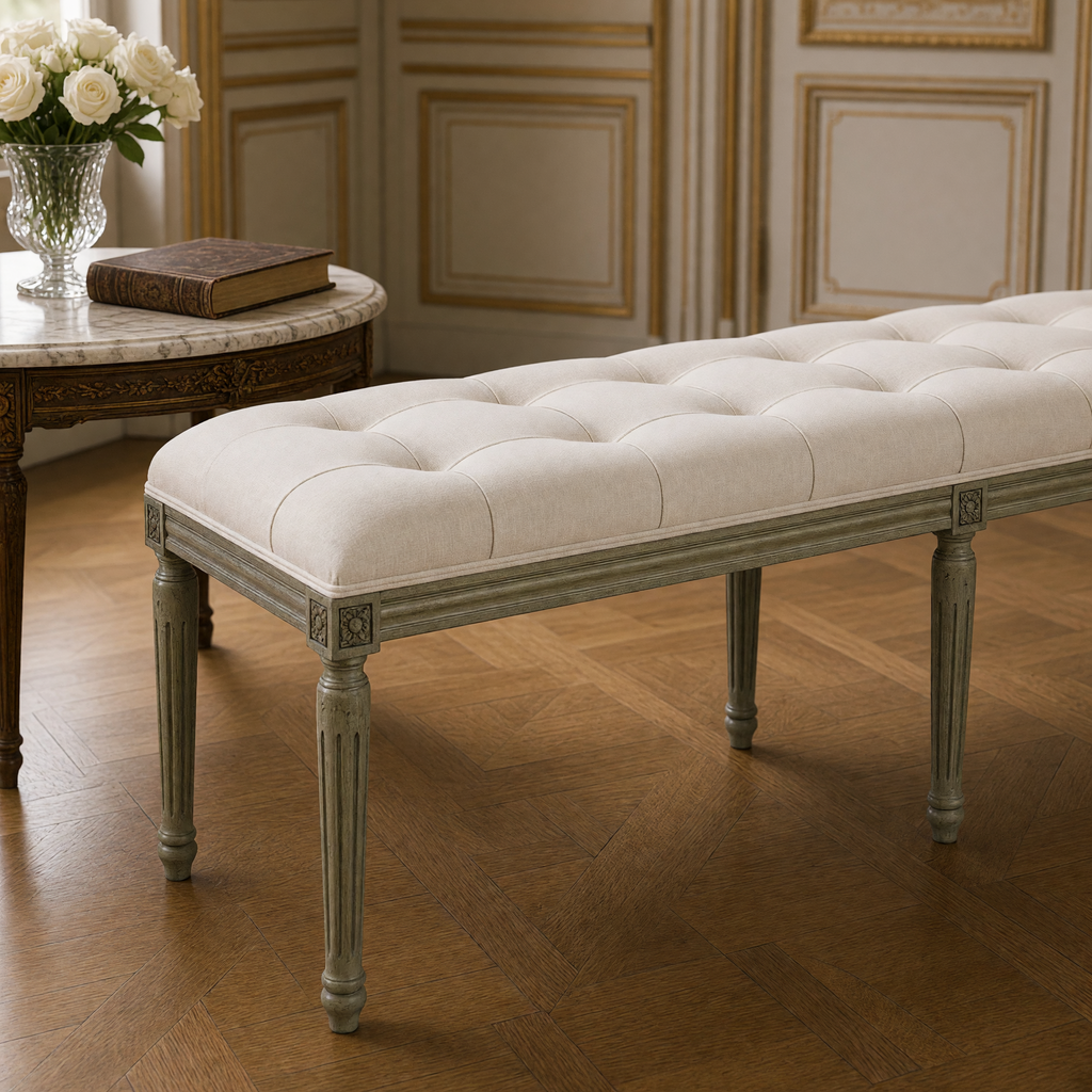 Close-up of the Louis French Oak Tufted Bench in Oak, Mixed Linen & Cotton