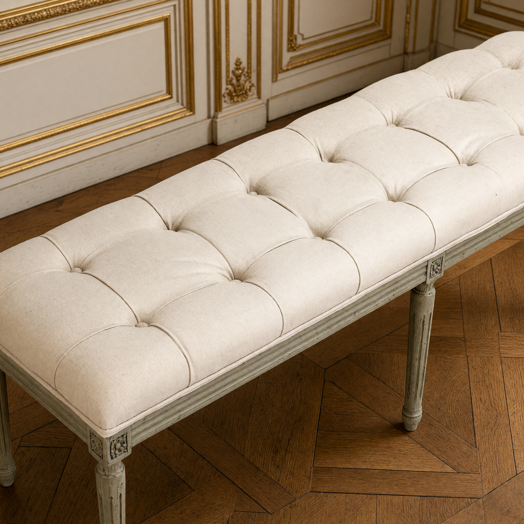 Detail of the tufted seat of the Louis French Oak Tufted Bench in Oak, Mixed Linen & Cotton