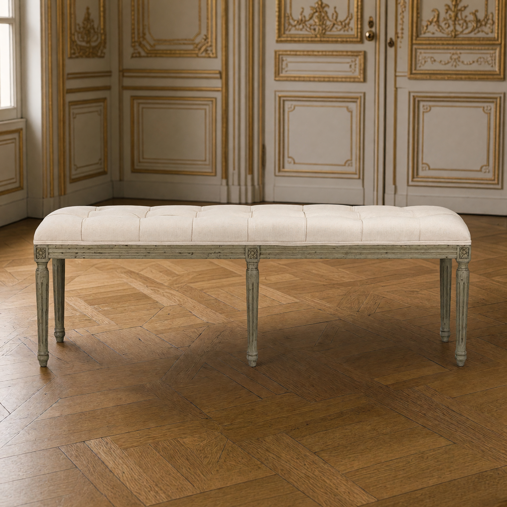 Front view of the Louis French Oak Tufted Bench in Oak, Mixed Linen & Cotton