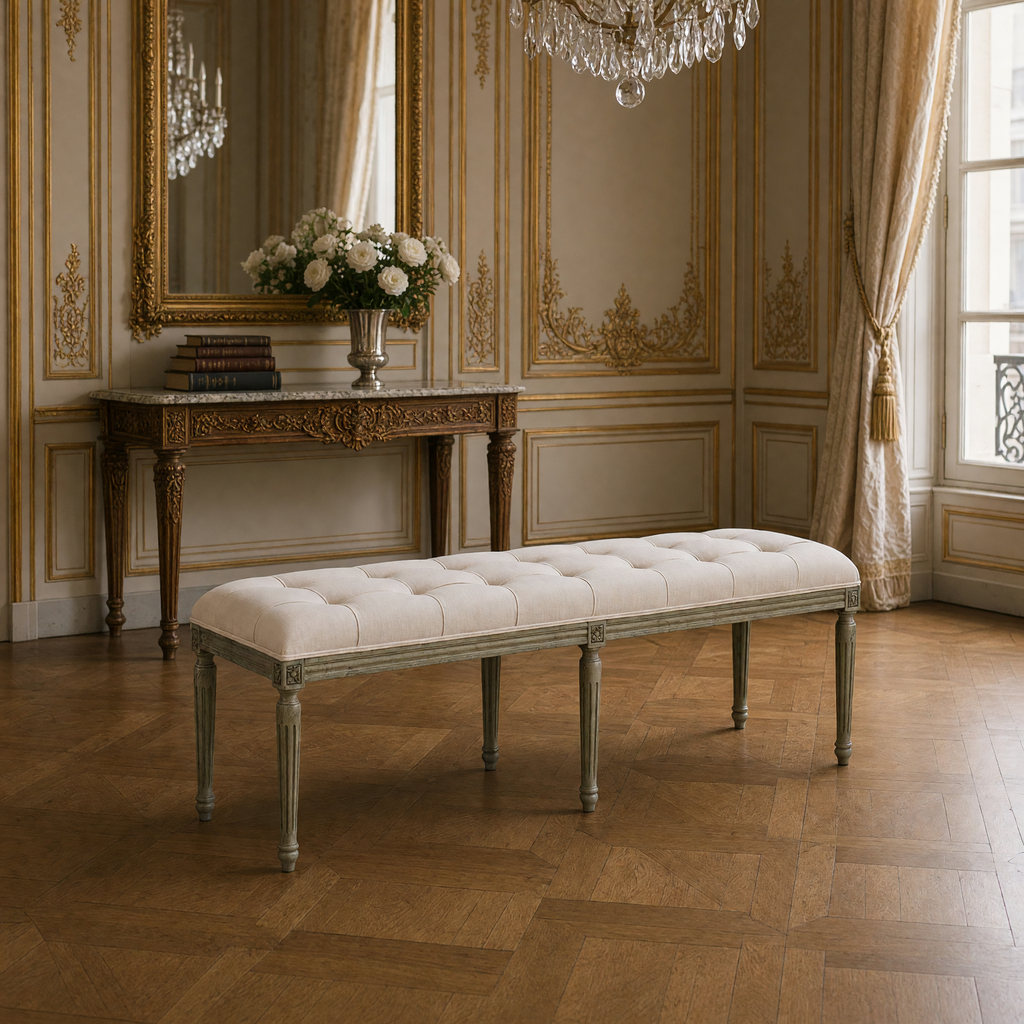 Louis French Oak Tufted Bench in Oak, Mixed Linen & Cotton, styled in a French salon