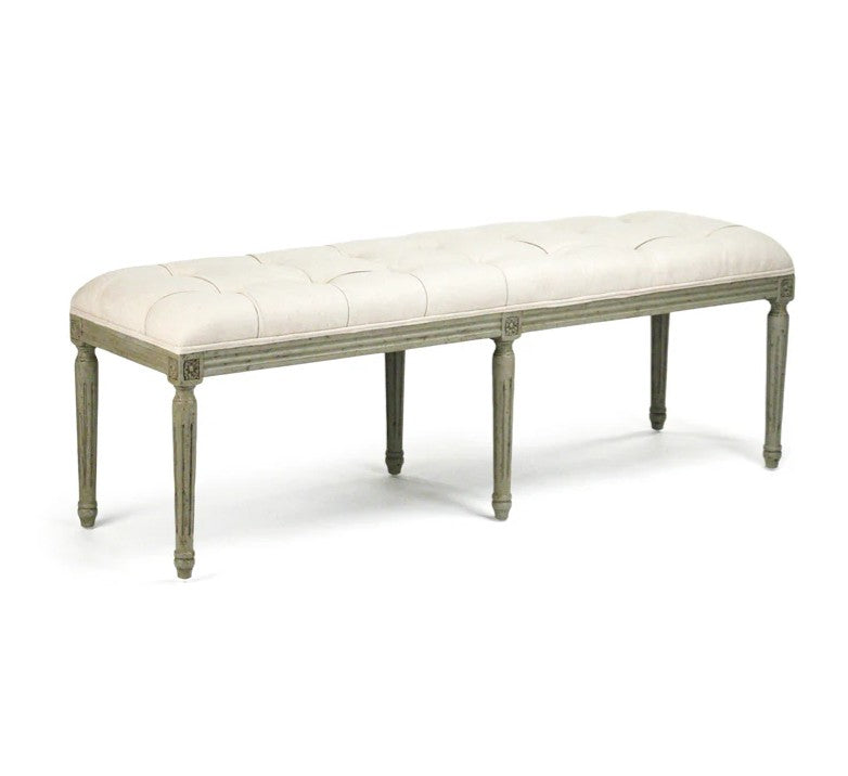 Louis French Oak Tufted Bench in Oak, Mixed Linen & Cotton, studio photo 1 of 4 on a white background