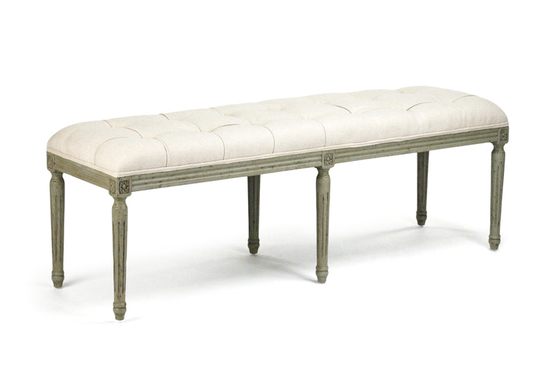 Louis French Oak Tufted Bench in Oak, Mixed Linen & Cotton, studio photo 2 of 4 on a white background