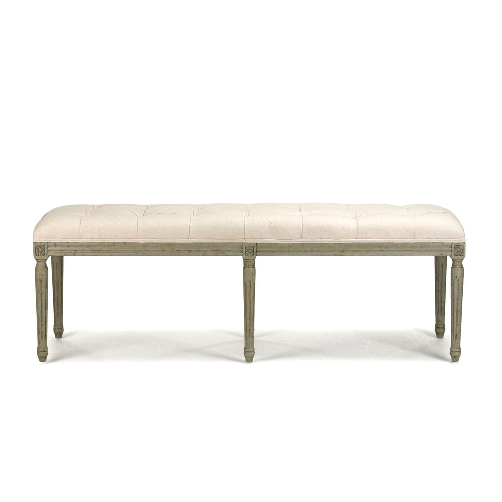 Louis French Oak Tufted Bench in Oak, Mixed Linen & Cotton, studio photo 3 of 4 on a white background