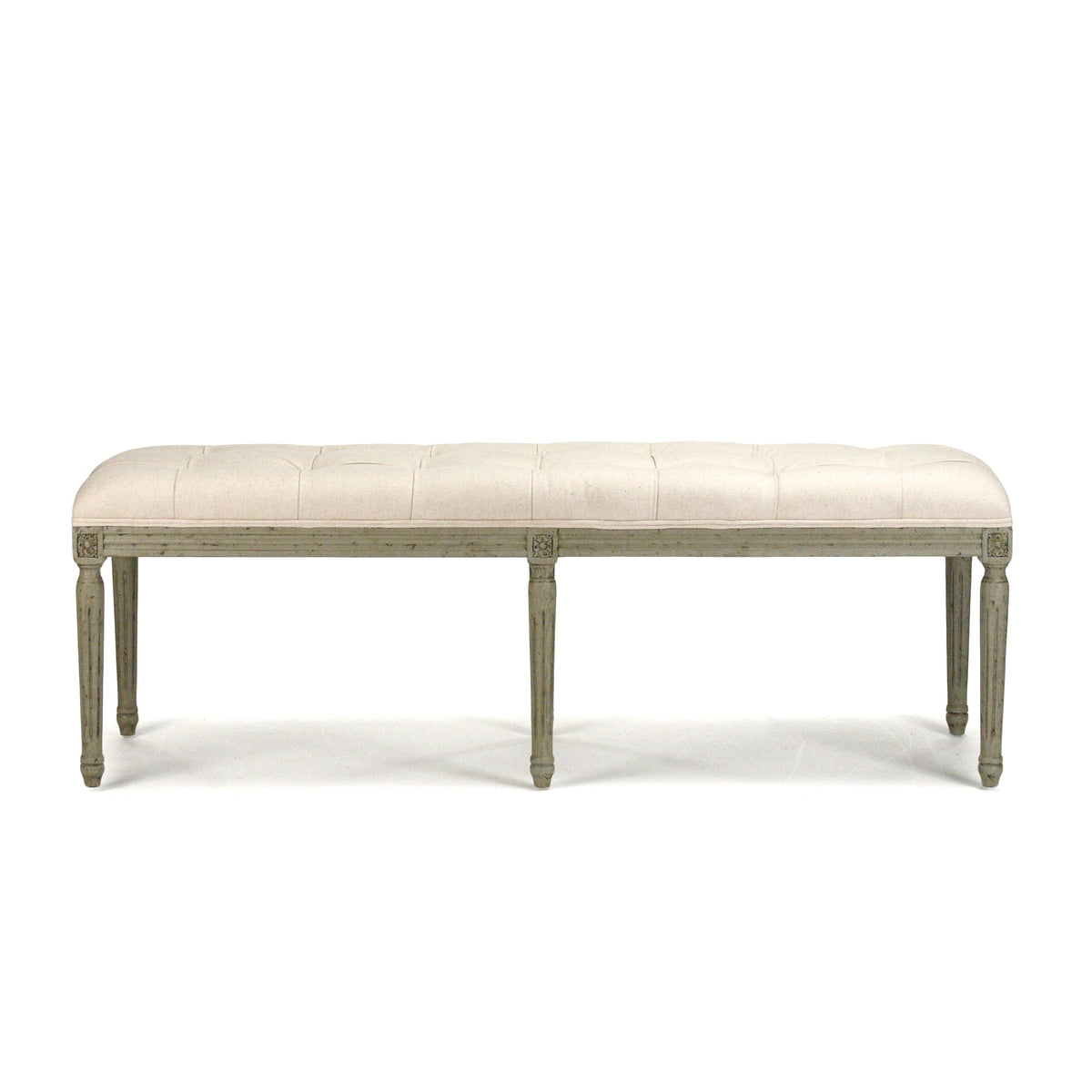 Louis French Oak Tufted Bench in Oak, Mixed Linen & Cotton, studio photo 3 of 4 on a white background