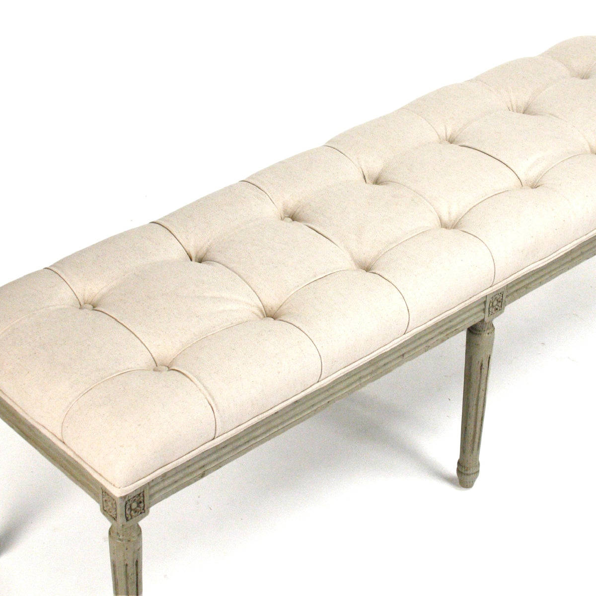 Louis French Oak Tufted Bench in Oak, Mixed Linen & Cotton, studio photo 4 of 4 on a white background