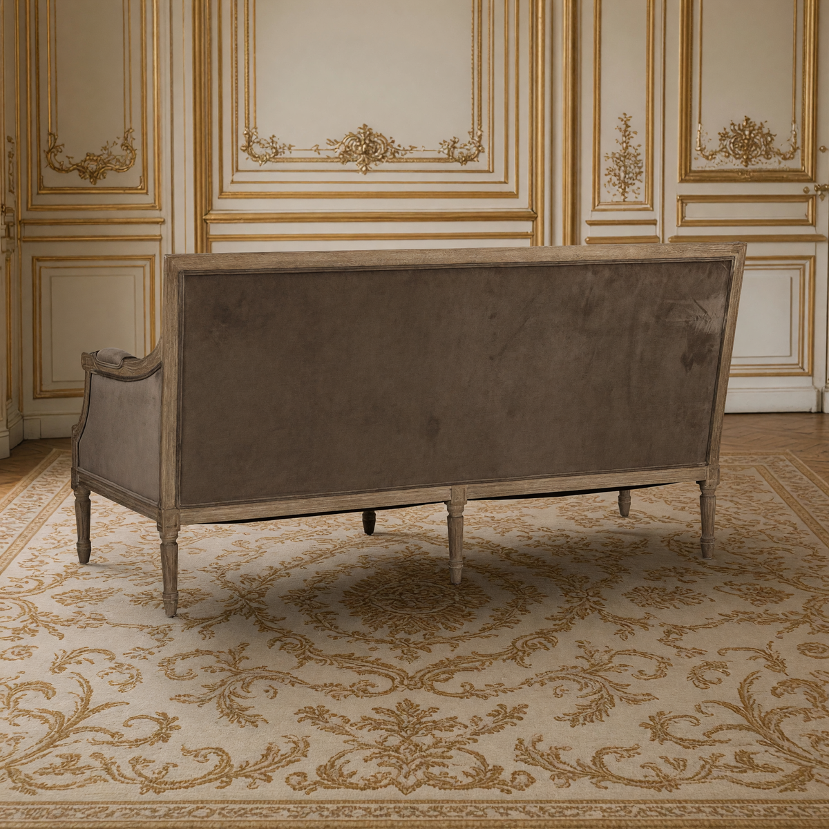 Louis sofa back view showing the velvet back panel and oak frame