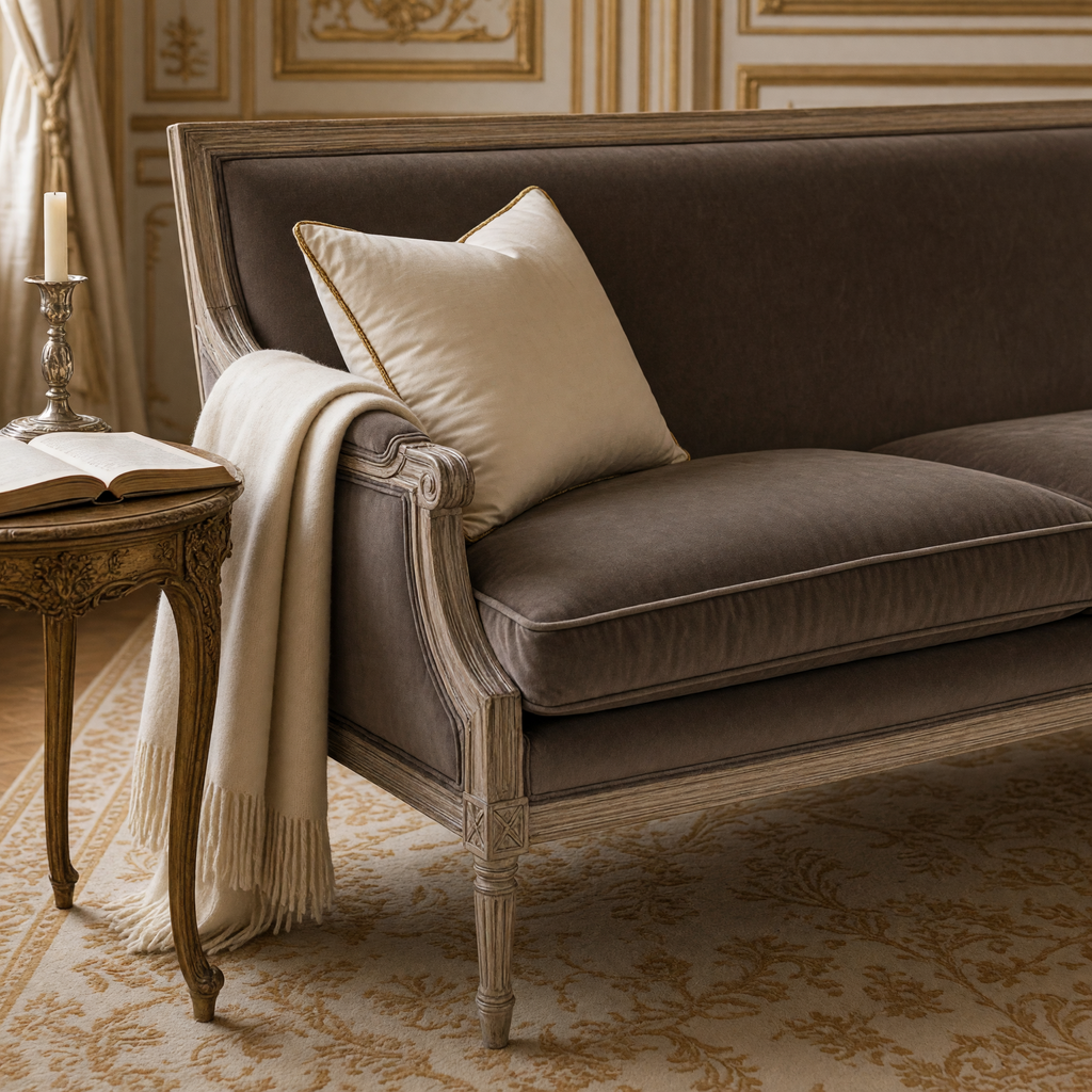 Close view of the smoky mocha velvet and carved limed oak arm of the Louis sofa