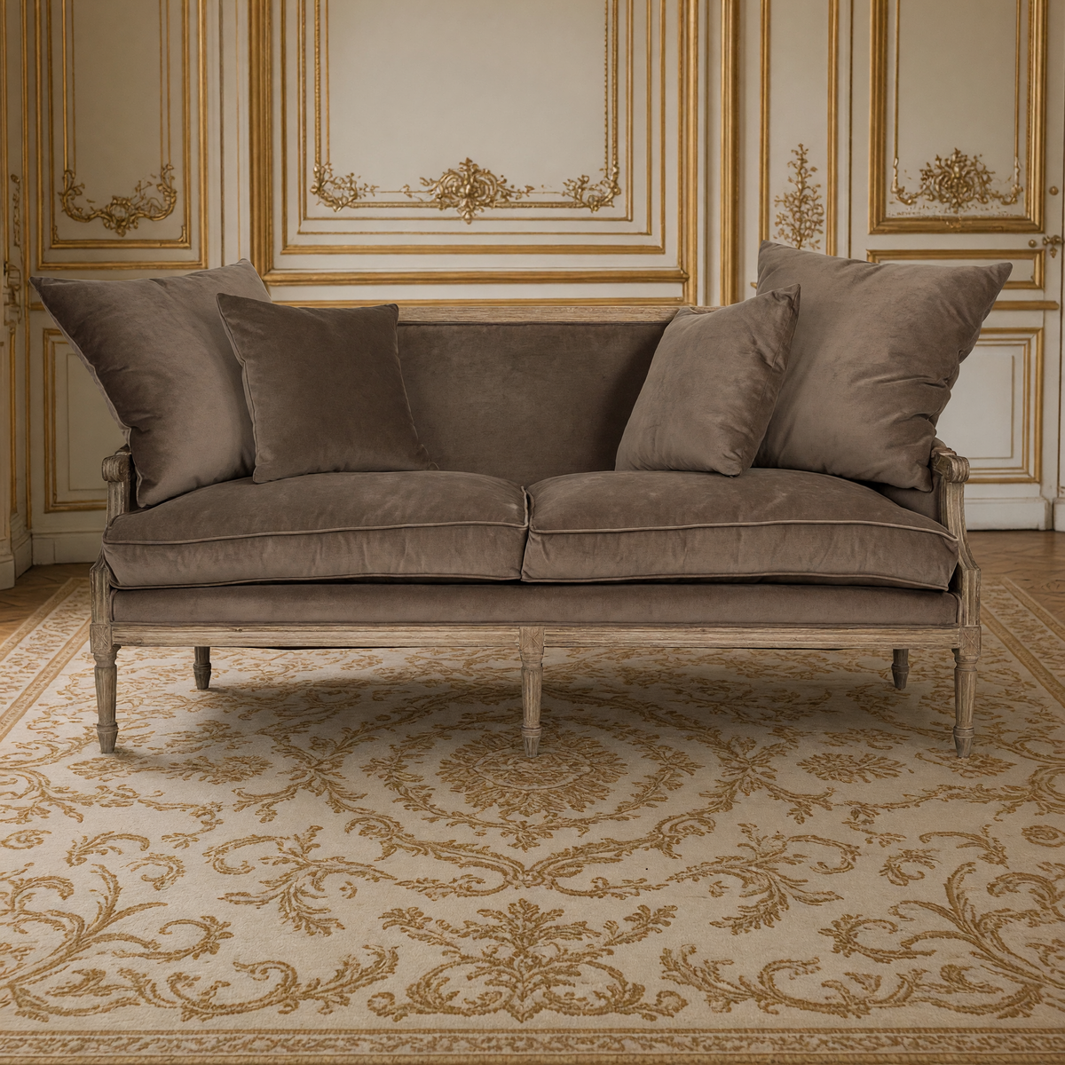 Louis sofa front view with velvet throw pillows