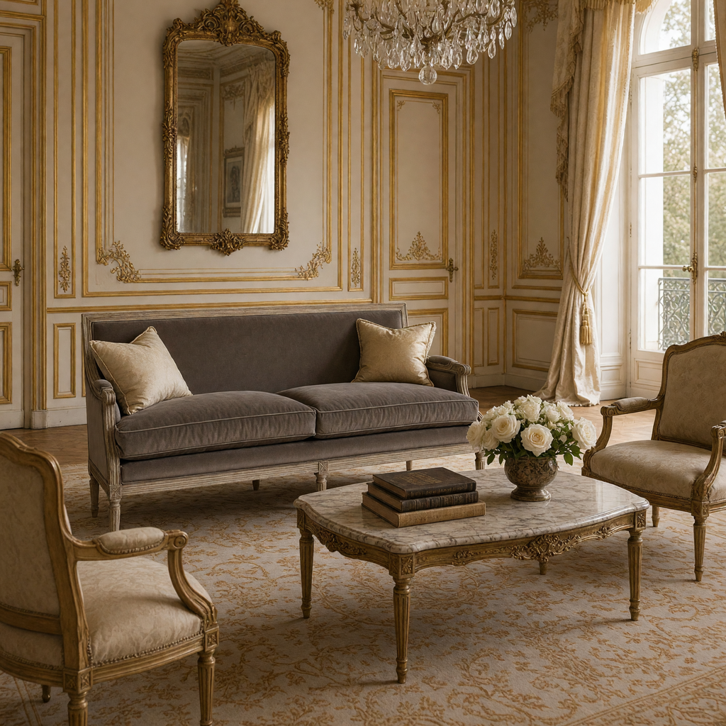 Louis sofa styled in a French Louis XVI salon with gilded chairs and a marble table