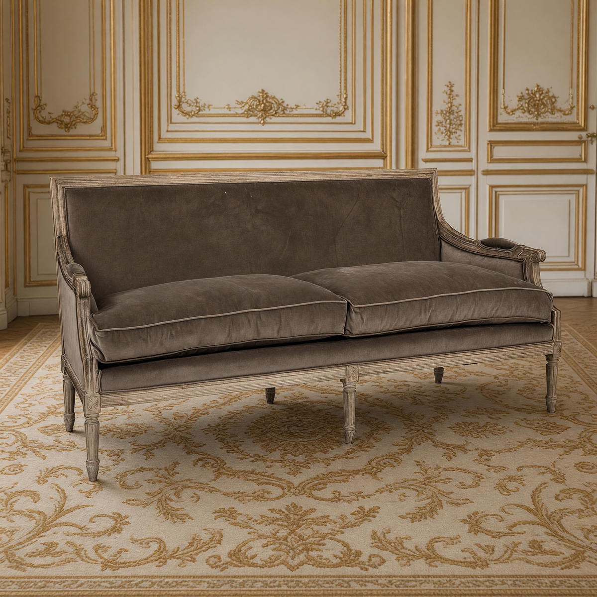 Louis French velvet sofa in smoky mocha in a classical ivory and gold salon