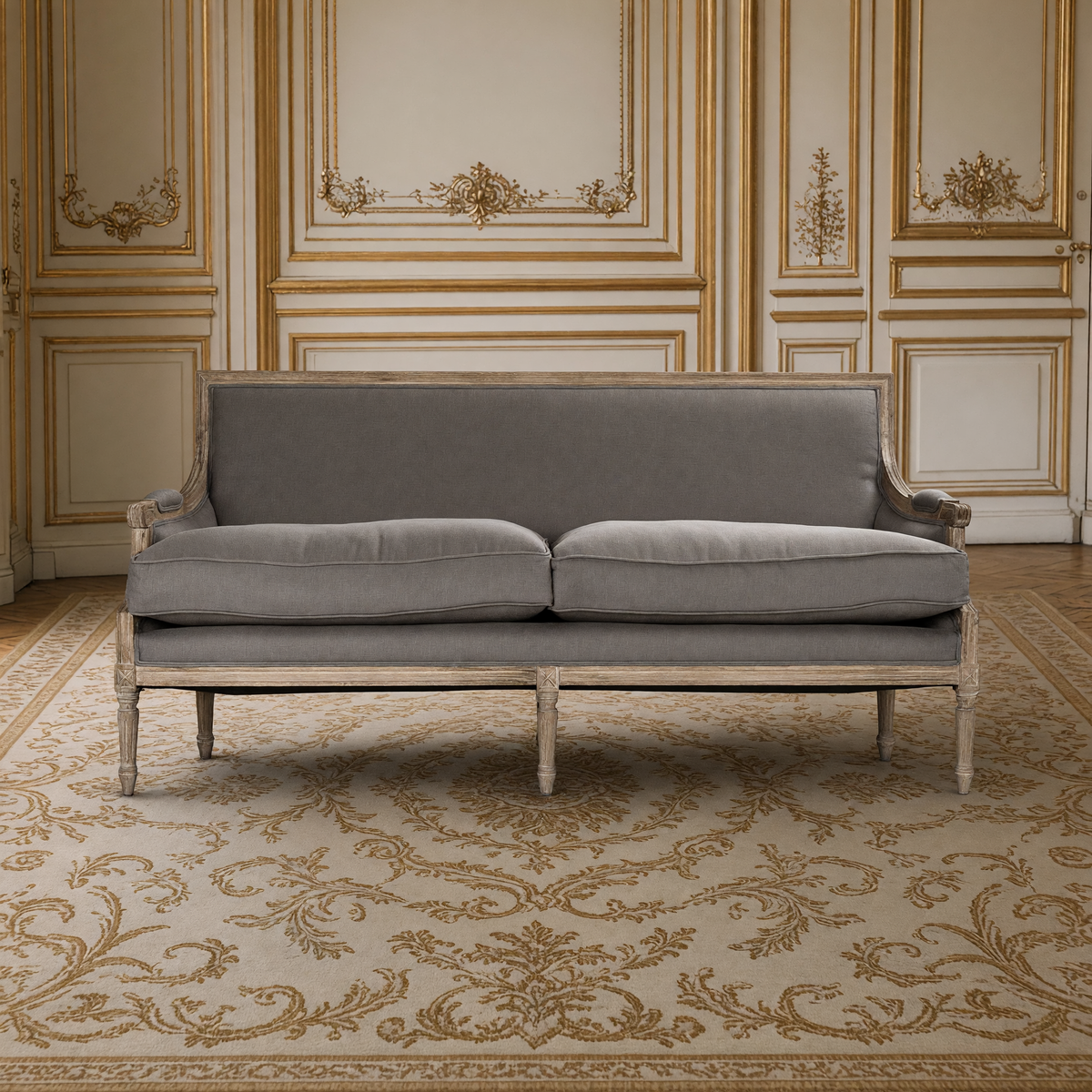 Front view of the Louis sofa in warm taupe linen