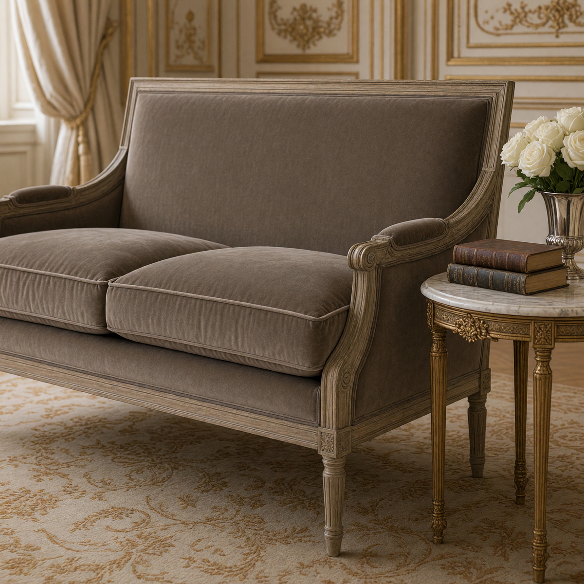 Close view of the smoky mocha velvet cushions and carved limed oak arm of the Louis settee