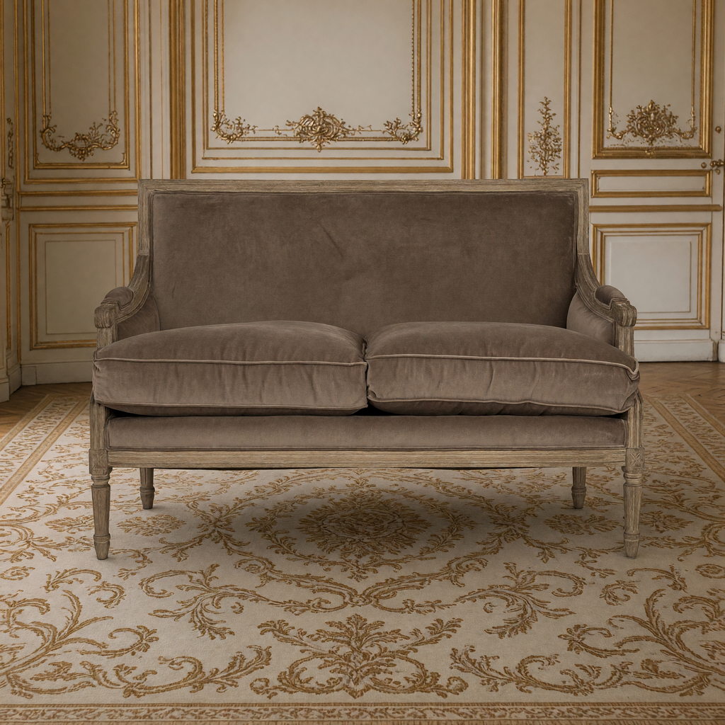 Front view of the Louis settee in smoky mocha velvet