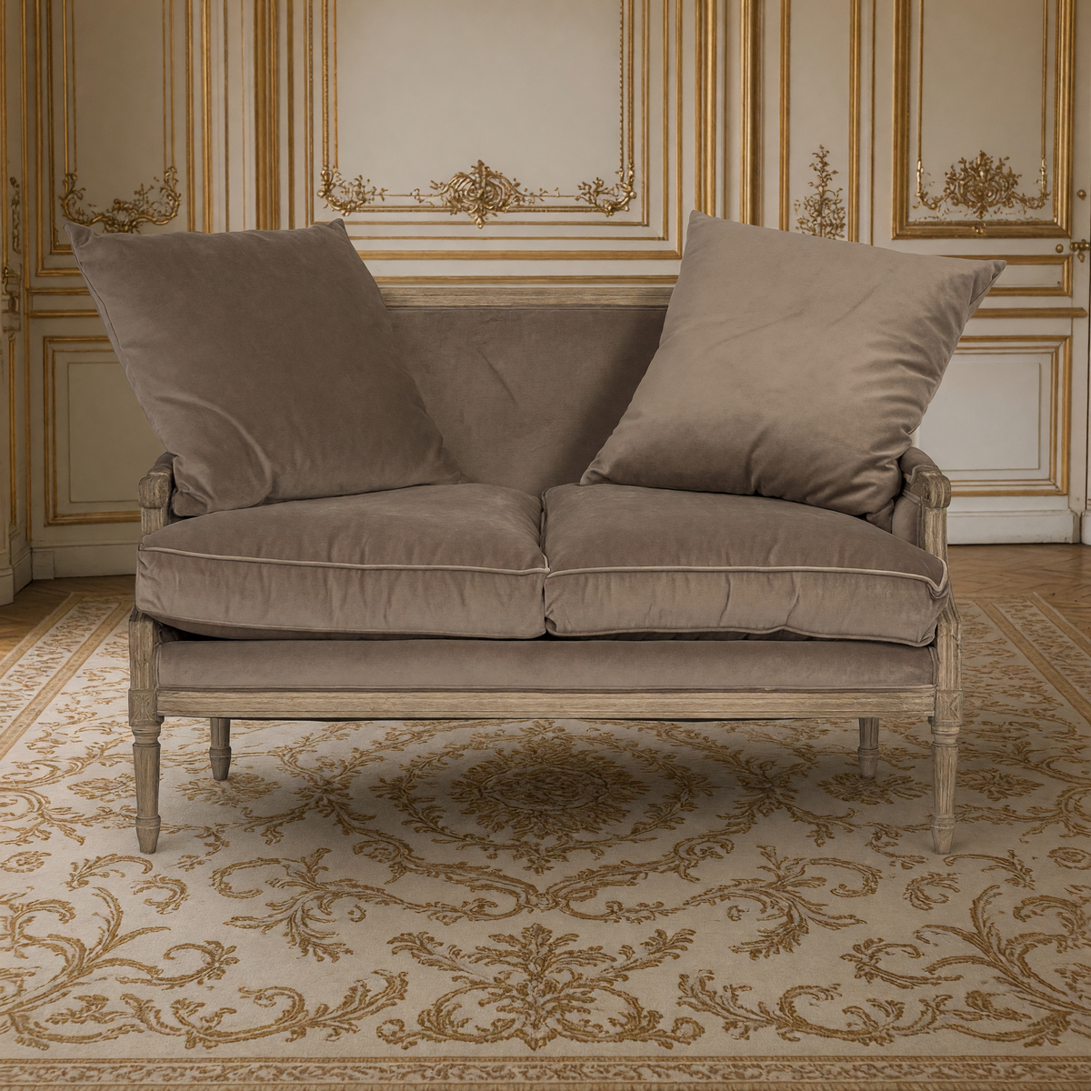 Front view of the Louis settee with two loose smoky mocha velvet pillows