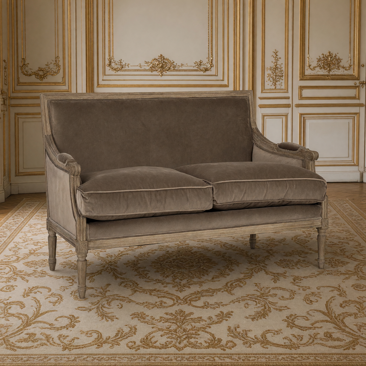 Louis French velvet settee in smoky mocha in a classical ivory and gold salon