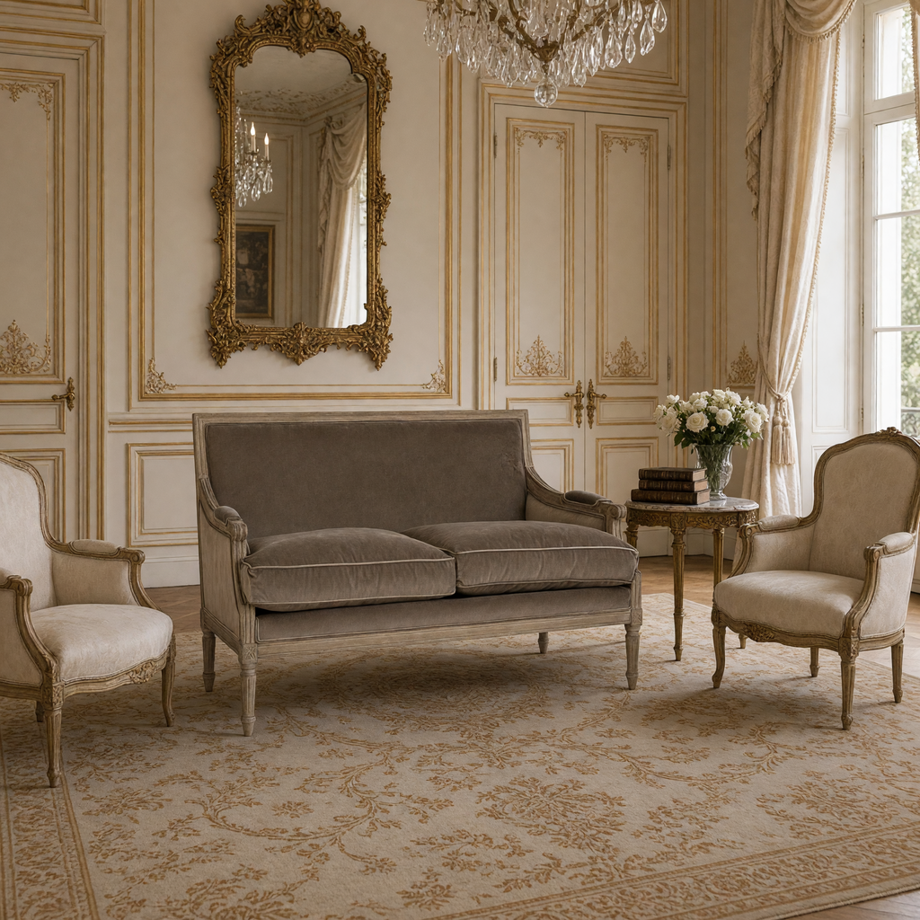 Louis settee styled in a French Louis XVI salon with bergere chairs and a gilded mirror