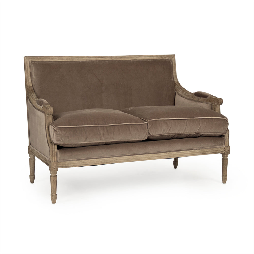 Louis French Velvet Settee, studio photo 1 of 4 on a white background