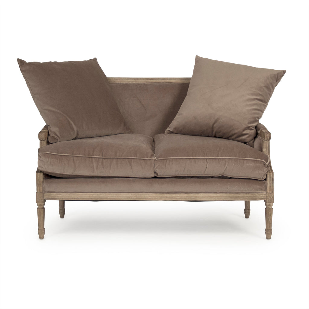 Louis French Velvet Settee, studio photo 2 of 4 on a white background