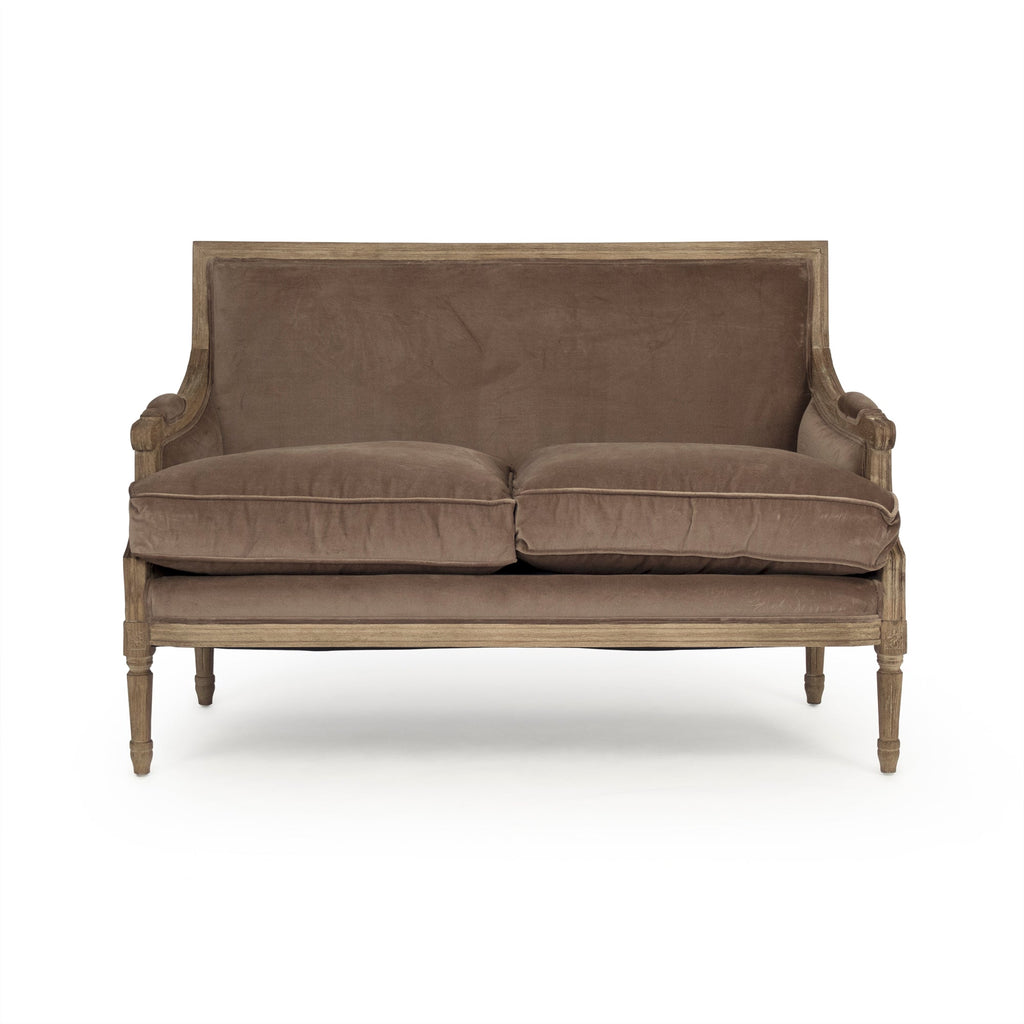 Louis French Velvet Settee, studio photo 3 of 4 on a white background