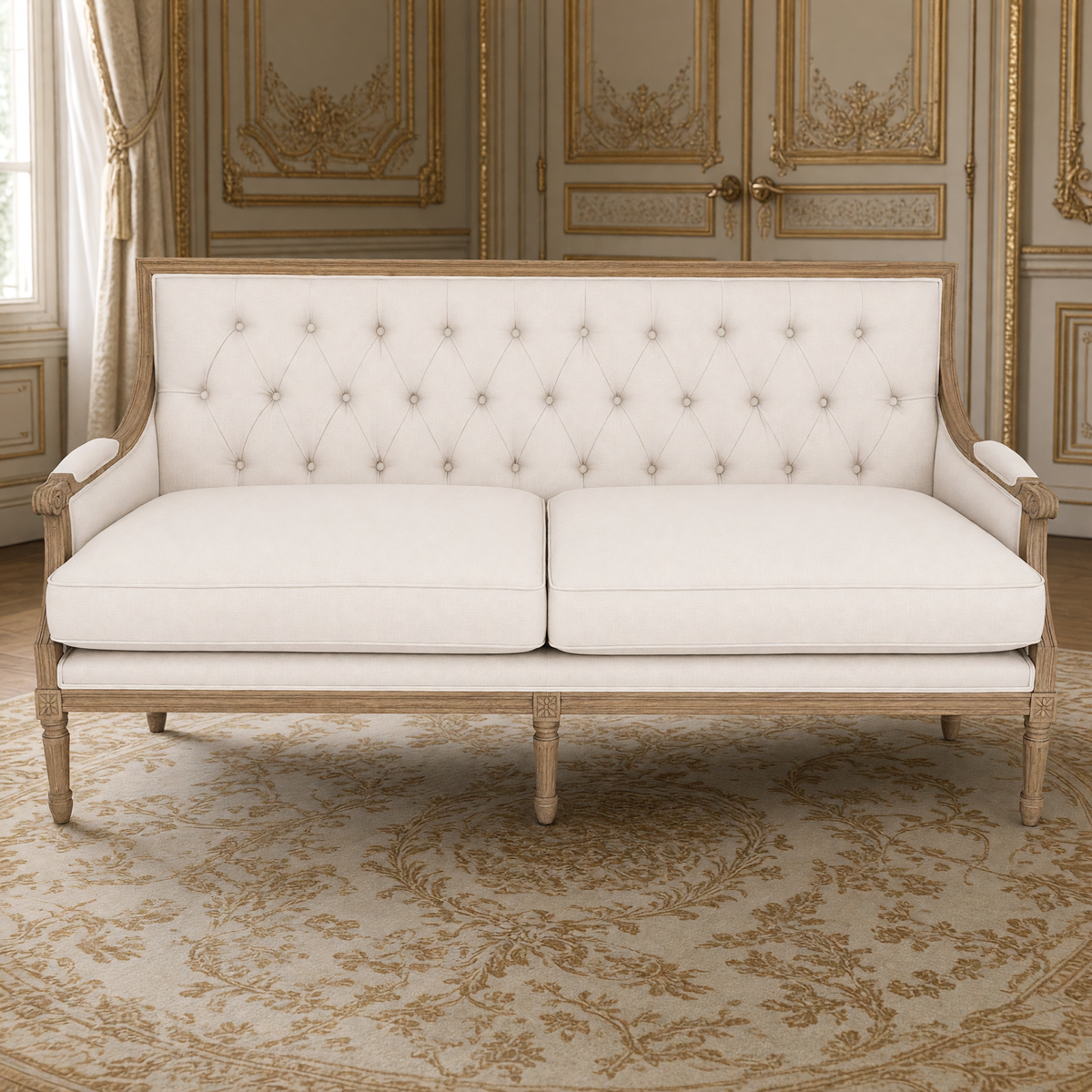Front view of the Louis Tufted-Back French Sofa in Soft Off-White Cotton on a natural oak frame