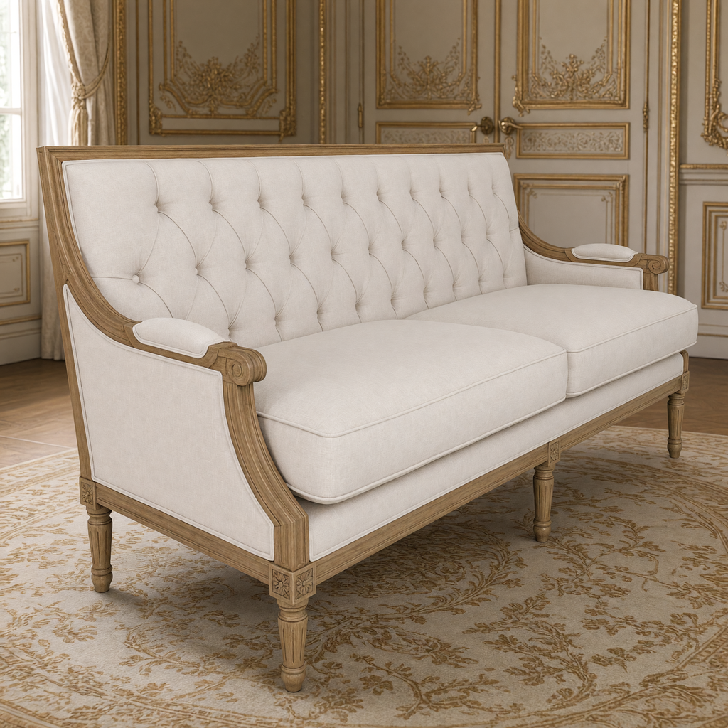 Louis Tufted-Back French Sofa in Soft Off-White Cotton on natural oak in a gilded Louis XVI salon