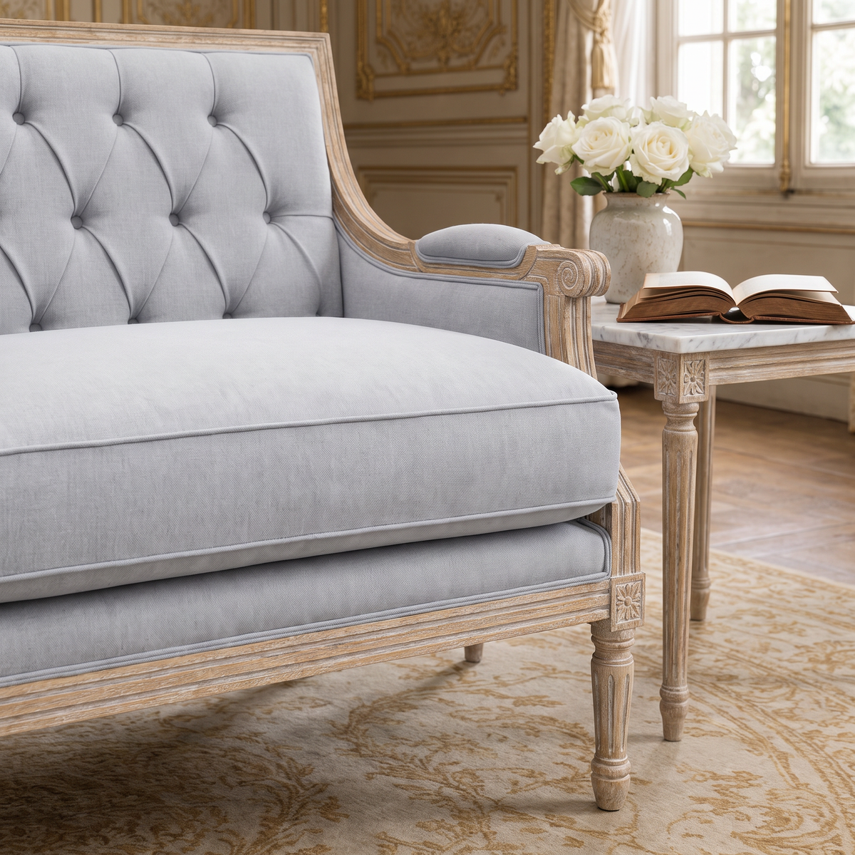 Close view of the scrolled arm, carved rosette and fluted leg of the Louis Tufted-Back French Sofa