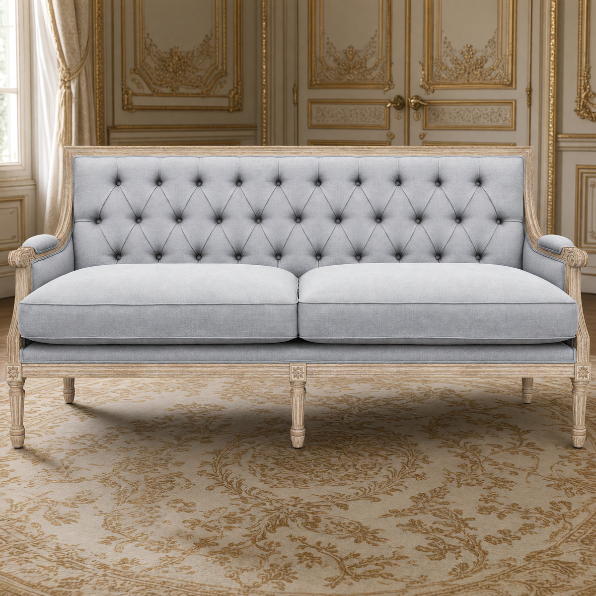 Front view of the Louis Tufted-Back French Sofa in Soft French Gray Linen showing its button-tufted back