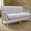 Louis Tufted-Back French Sofa in Soft French Gray Linen on limed grey oak in a gilded Louis XVI salon