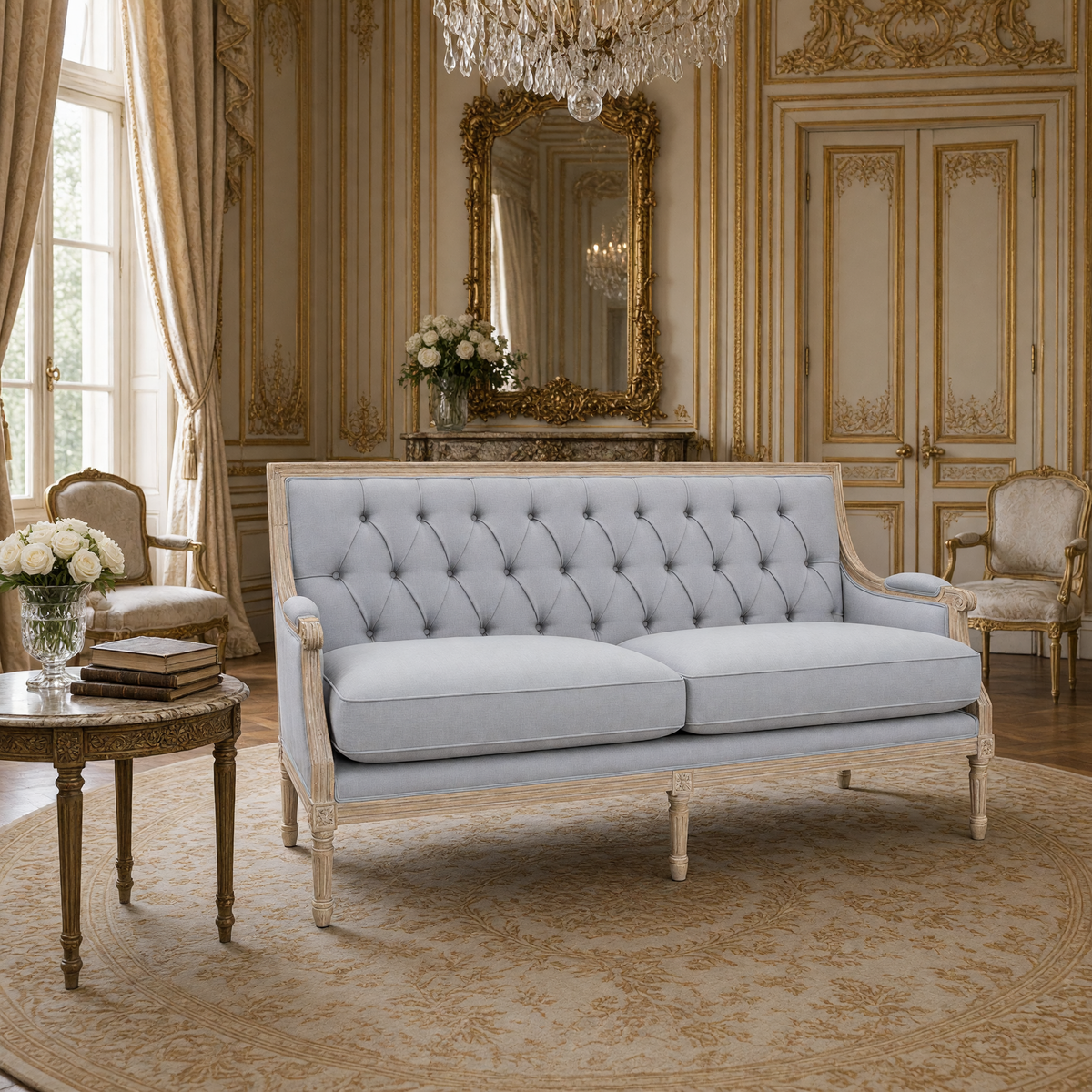 Louis Tufted-Back French Sofa in French gray linen styled with bergere chairs, a gilded mirror and white roses