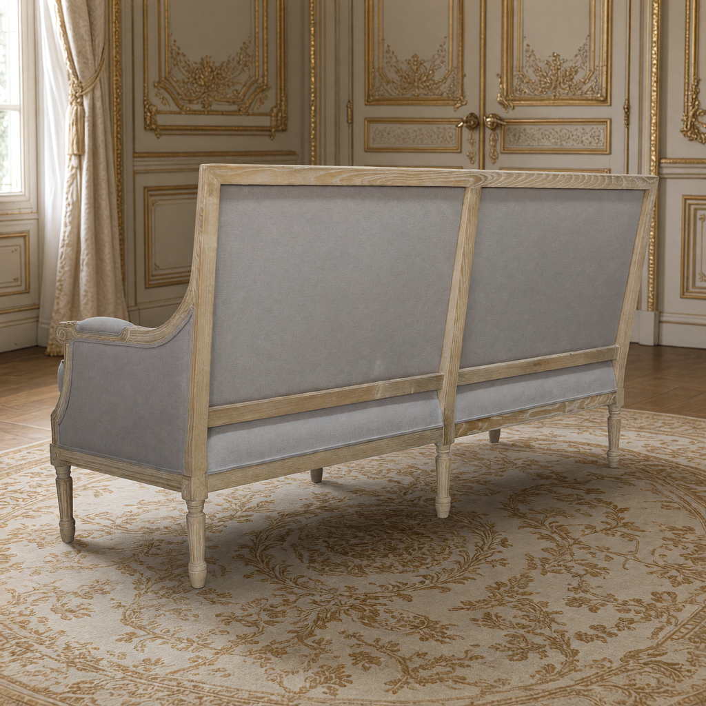 Louis Tufted-Back French Sofa in Soft French Gray Linen, Tall, back view showing the 37-inch tufted back