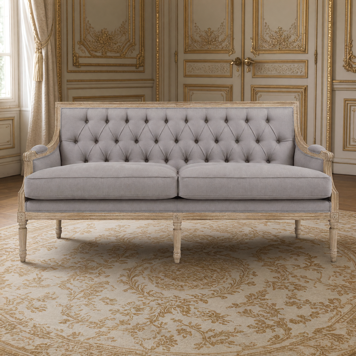 Louis Tufted-Back French Sofa in Soft French Gray Linen, Tall 37" back, in a French salon on an Aubusson carpet