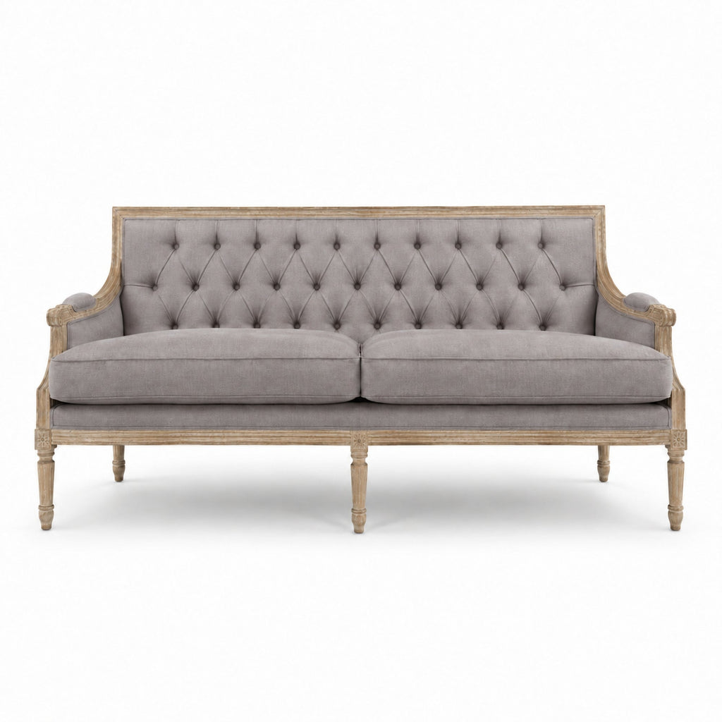 Louis Tufted-Back French Sofa in Soft French Gray Linen, Tall, studio photo 1 of 2 on a white background