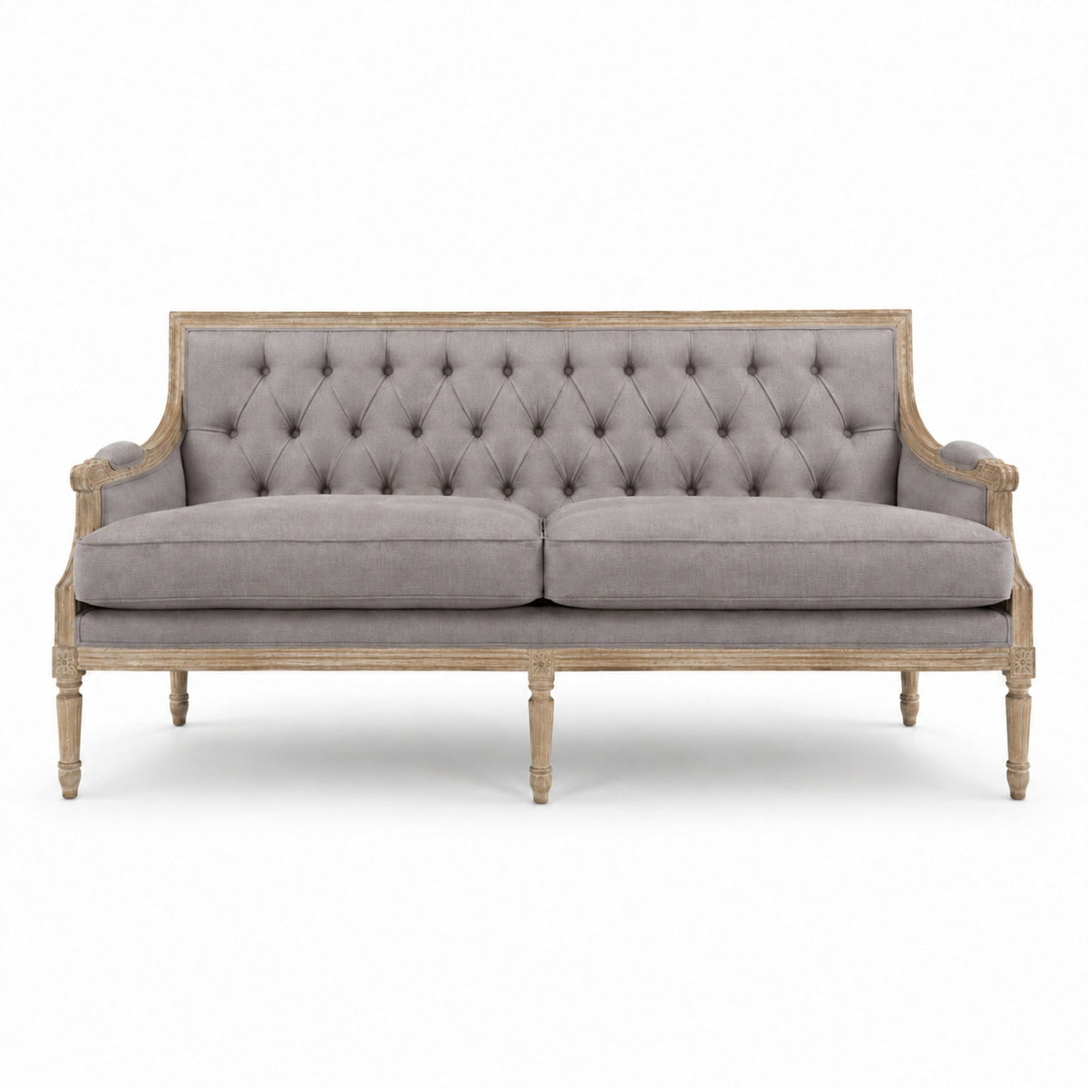 Louis Tufted-Back French Sofa in Soft French Gray Linen, Tall, studio photo 1 of 2 on a white background