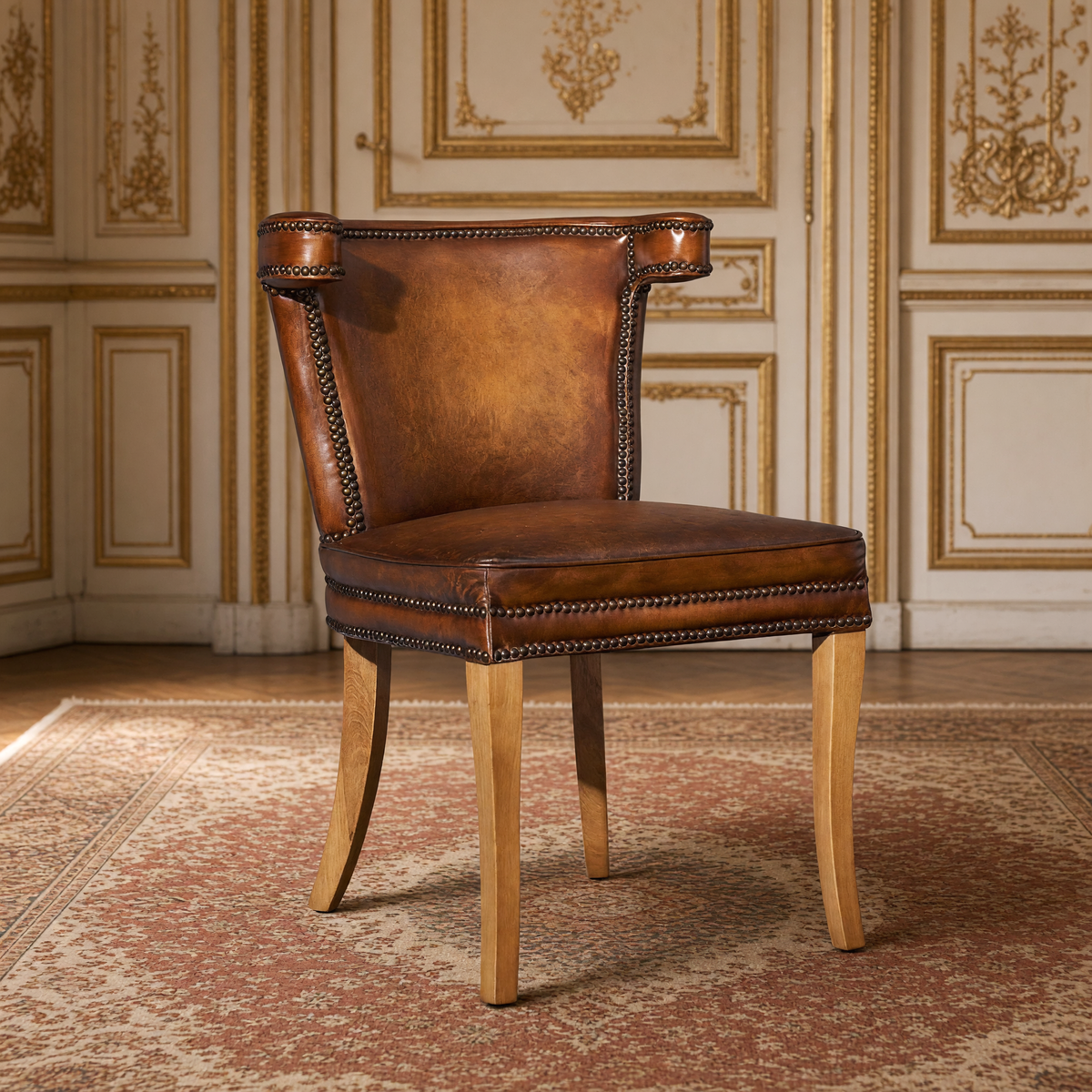 Luca Curved-Back Top-Grain Leather Side Chair in Classic Brown, Mango Wood, front three-quarter view in a French salon on an antique Persian carpet