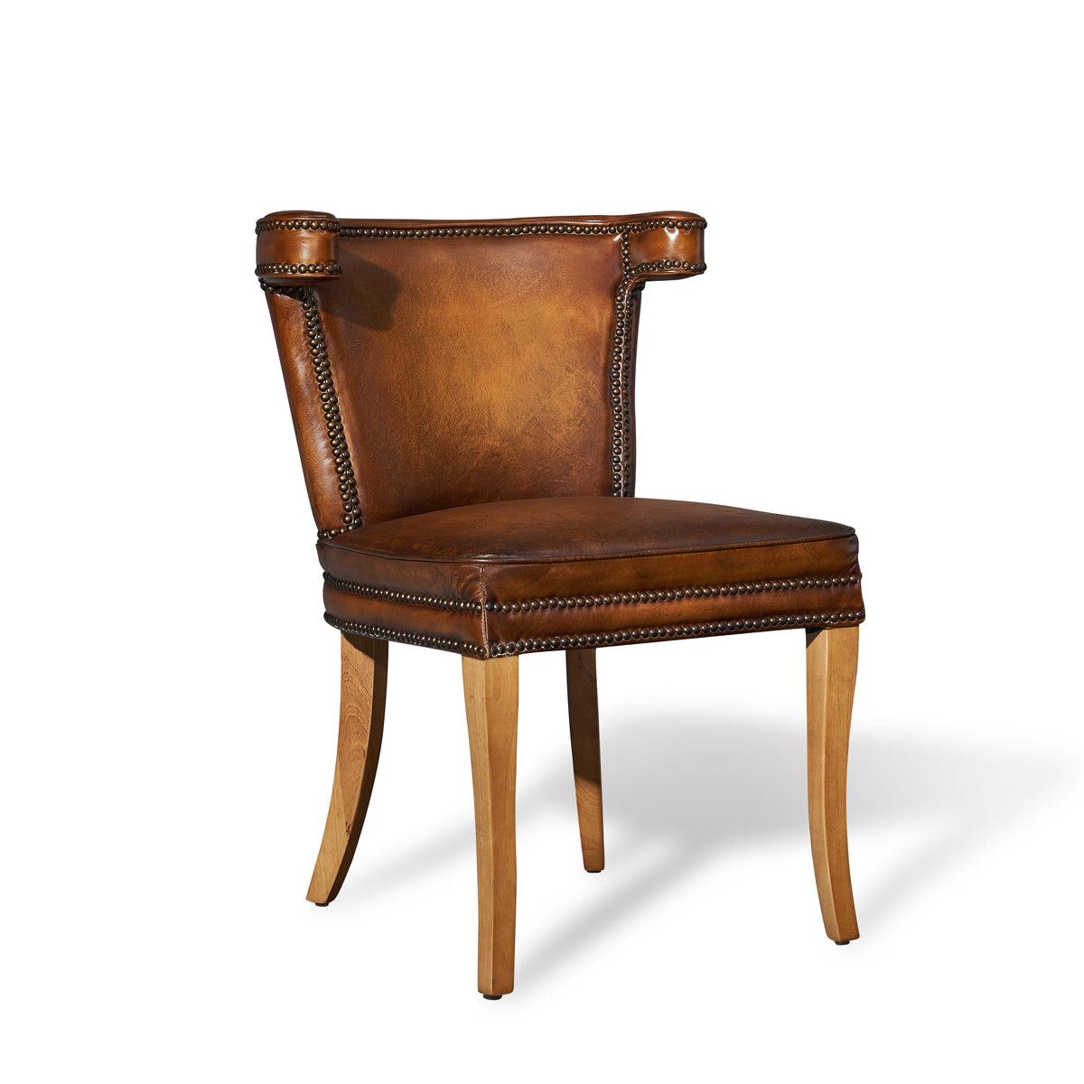 Luca Curved-Back Top-Grain Leather Side Chair in Classic Brown, Mango Wood, studio photo 1 of 4 on a white background